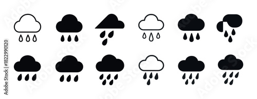 Weather icons: cloud and rain variations in simple black designs