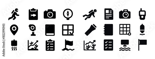 Diverse collection of black icons depicting activities and objects