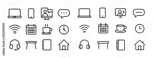 Minimalist office icons: laptop, smartphone, coffee, calendar, wifi, headphones