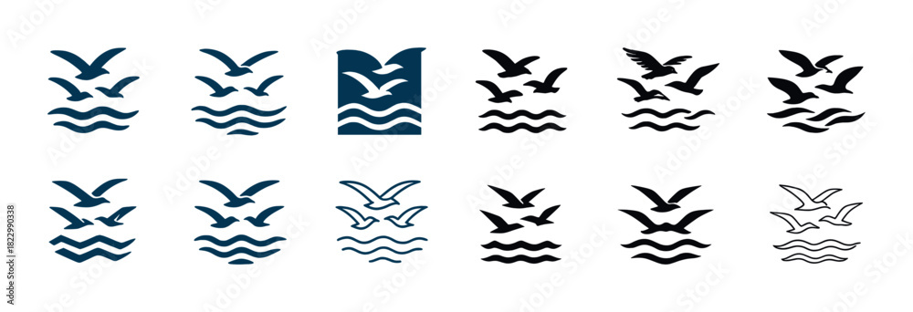 Fototapeta premium Seagull silhouettes and waves: icon set in black and blue variations