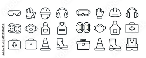 Safety equipment icons: goggles, gloves, helmets, masks, boots, vests