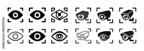 Surveillance icon set: eye and camera designs for security applications