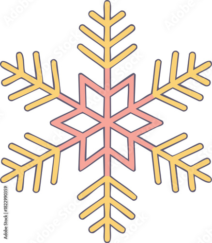 A detailed illustration of a snowflake in pastel colors, showcasing its intricate hexagonal symmetry and delicate crystalline structure