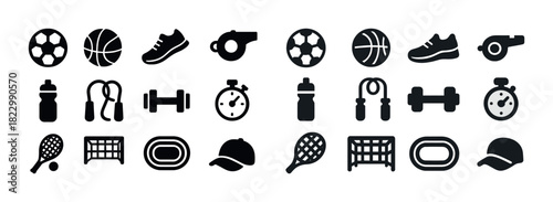 Sports equipment icons: balls, shoes, whistles, water bottles, rackets, dumbbells, stopwatches, nets