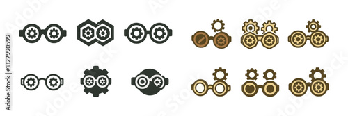 Steampunk gear goggles icons collection in black and brown variations