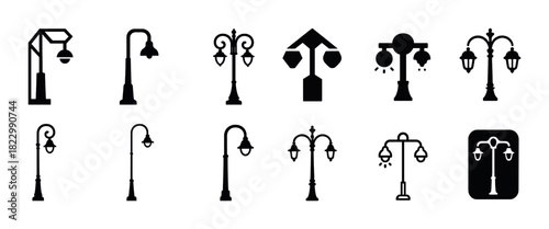 Collection of various street lamp silhouettes in black on white background