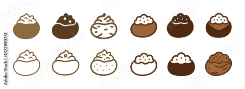 Various styles of baked potatoes with toppings icons set