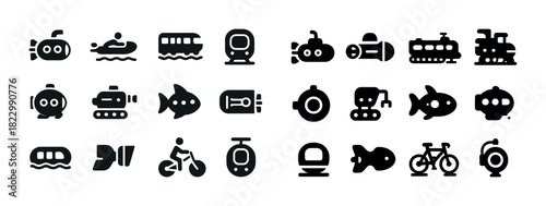 Collection of black transportation icons: submarine, bicycle, train, boat, spaceship