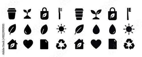 Eco-friendly icons: sustainability, recycling, nature, environment, minimalist design