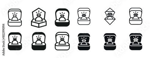 Collection of engagement ring icons in various styles and outlines