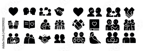 Black icons symbolizing relationships and connection in various interactions