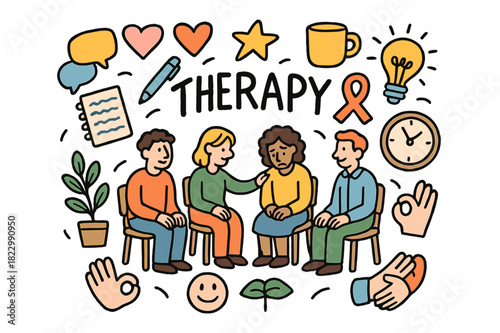 Therapy Doodle Illustration. Group therapy. Hand-drawn doodle illustration of group therapy. People, chairs,