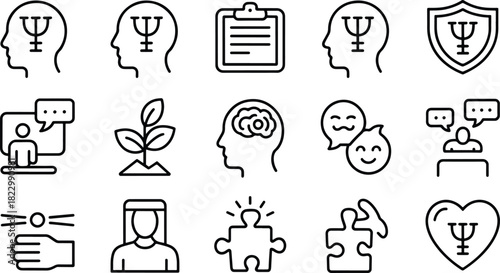 Mental Health and Wellbeing Icons Set Line Style