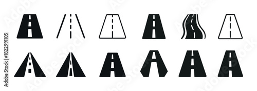 Set of ten road icon designs showing various straight and curved path styles