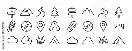 Outdoor adventure icons: compass, mountain, hiking trails, signpost, camping