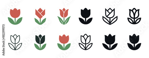 Color and black tulip icons set with twelve floral designs