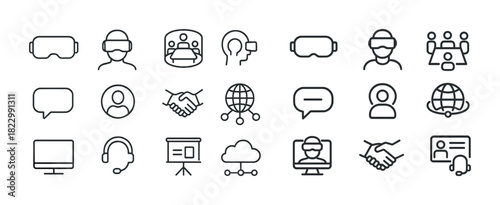 Virtual reality and communication icons in simple outline style