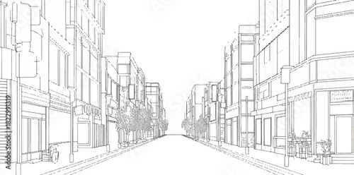 City Street Perspective: An illustration showcasing a city street, with buildings lining both sides of the road, giving a sense of depth and urban atmosphere.