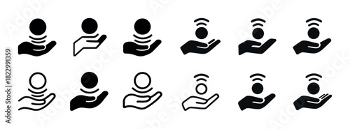 Set of floating hand icons with wifi signals in black and white