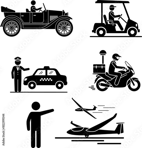 Unique and Specialized Vehicles Transportation Stick Figure Icons