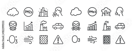Air pollution icons: masks, smog, pm2.5, factories, warning signs