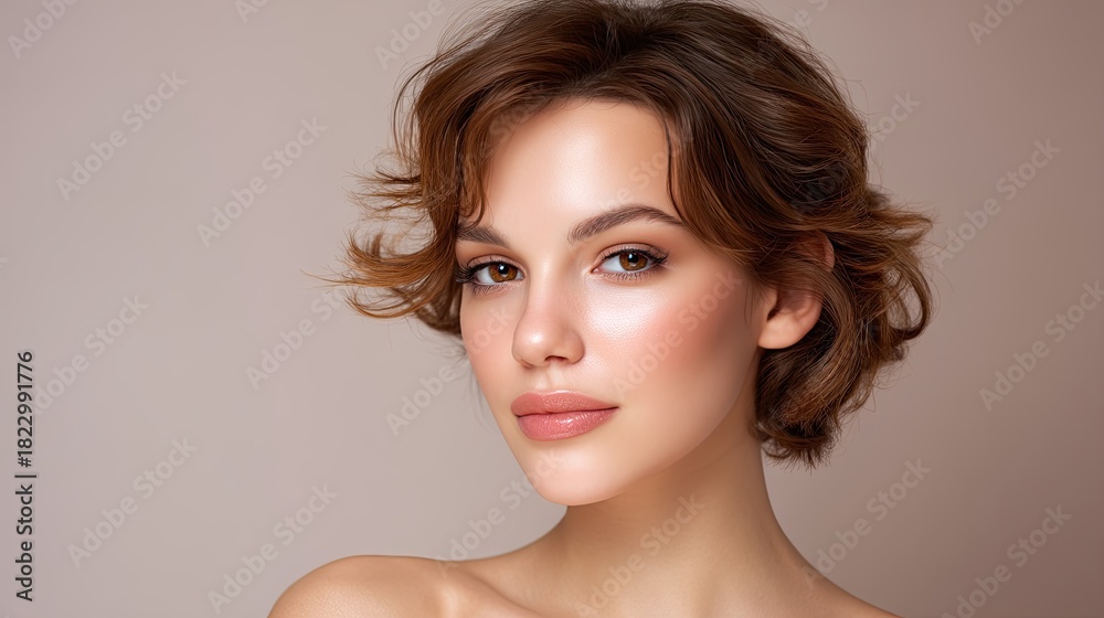 custom made wallpaper toronto digitalBeautiful young woman with natural makeup and wavy hair posing gracefully against a soft neutral background showcasing radiant skin and serene expression.