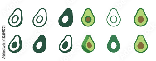 Variety of simplified avocado icons in different styles and colors