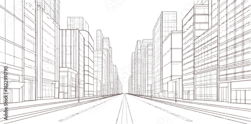 Cityscape Perspective: A clean, crisp line drawing of a city street stretches into the distance, framed by towering buildings, conveying a sense of urban expanse and architectural precision.