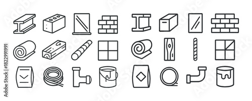 Icon set of building materials and tools in black and white line art