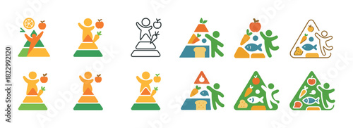 Colorful icons of healthy food pyramids with human figures and foods