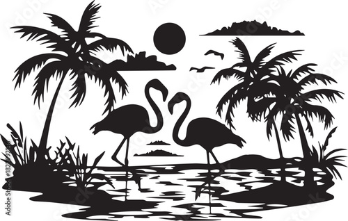 Tropical silhouettes: Capturing the serene beauty of the tropics with two elegant flamingoes, silhouetted against a backdrop of palm trees, sun, and clouds.