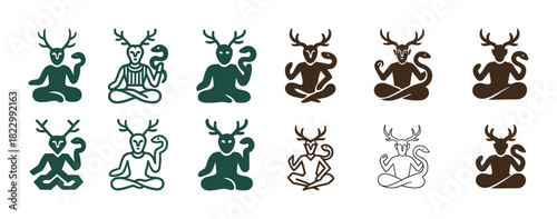 Cernunnos symbols: deer antlers, serpent, celtic patterns in meditation pose