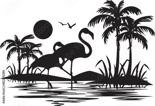 Tropical Silhouette Scene: Two elegant flamingos stand gracefully amidst a serene tropical backdrop featuring palm trees, a setting sun, and gentle water, evoking a sense of tranquility.