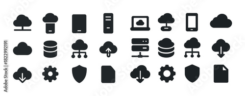 Cloud computing icons set: devices, storage, network, data, sync