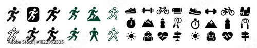 Diverse athletic activity icons: running, cycling, hiking, fitness, outdoors