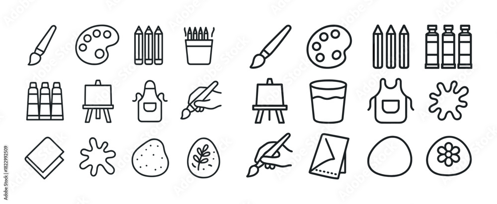 Naklejka premium Art supplies icons: brushes, paints, canvas, palette, easel, apron, pencil, ink