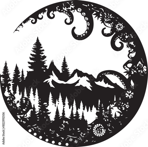 Mystical Mountain Silhouette: A striking silhouette showcases a mountainous landscape, capturing the essence of a serene forest landscape, evoking a sense of adventure, mystery.