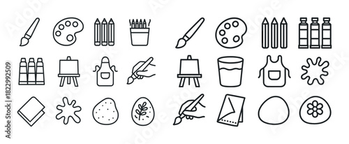 Art supplies icons: brushes, paints, canvas, palette, easel, apron, pencil, ink