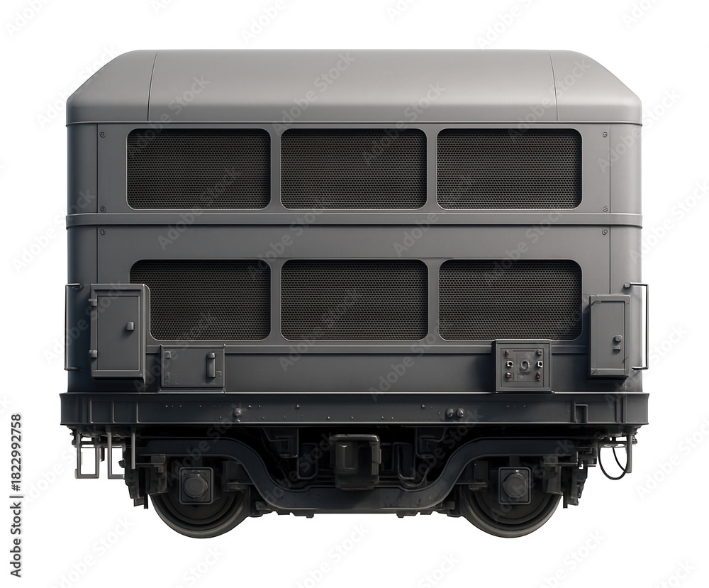 Fototapeta premium Two-level power supply railcar featuring external control boxes and ventilation grilles.