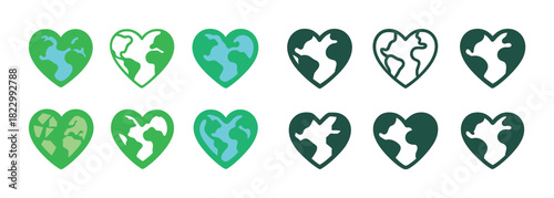 Heart-shaped earth icons: diverse green and blue planet designs