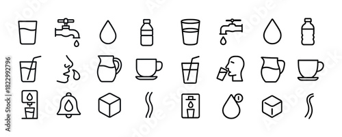 Water consumption icons collection: glass, tap, bottle, cup, ice