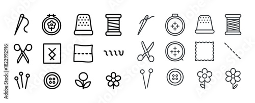 Sewing and embroidery icons: needle, thread, thimble, scissors, button, flower, hoop