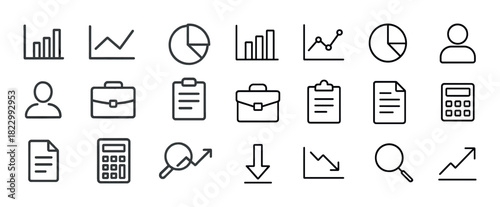 Set of business and analytics icons including charts, calculators, and user profiles