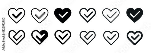 Heart checkmark icons in black and white variations