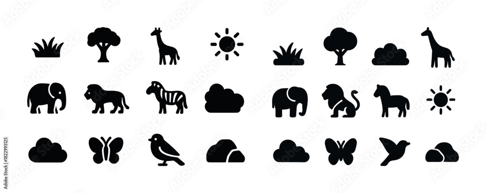 Fototapeta premium Silhouette icons of african animals, nature, clouds, and sun