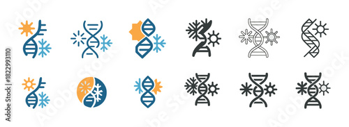 Colorful and monochrome dna helix icons with sun and snowflake symbols