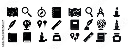 Black silhouette collection of maps, magnifying glass, compass, and stationery icons