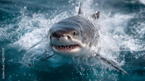 A large white shark surfaces, moving aggressively