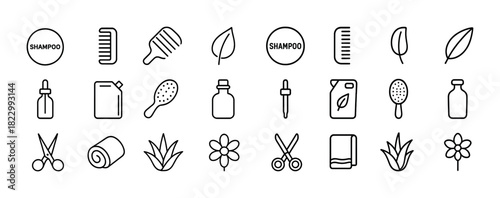 Hair care and grooming icons collection: shampoo, brushes, scissors, and essential oils