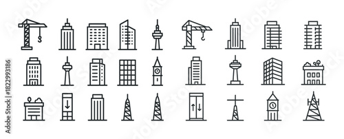 Minimalist line art of urban skylines and city buildings